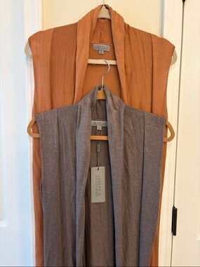 Bundle of Two Joseph A Sleeveless Open-Front Knit Dusters, one taupe & one camel
